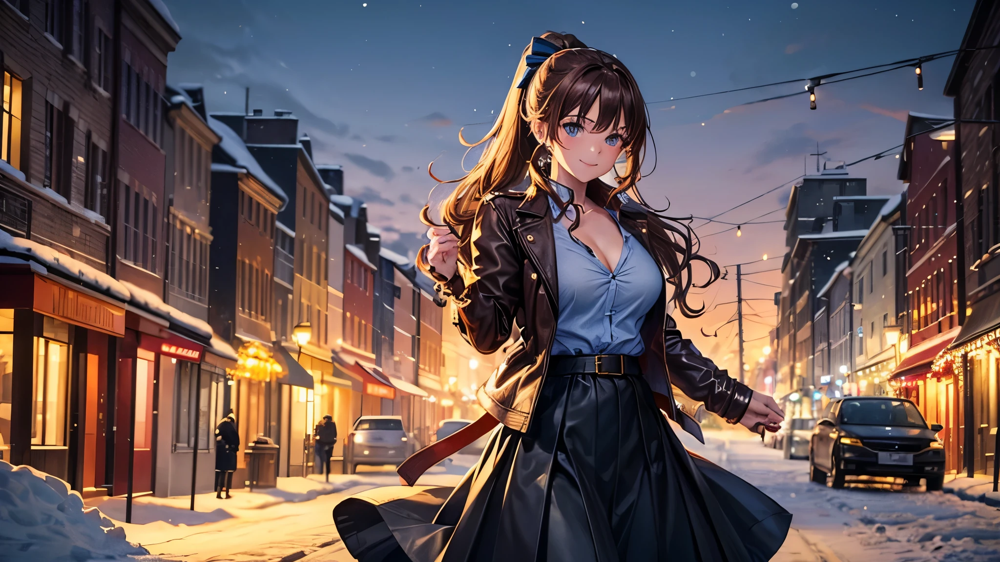 1girl, solo, christmas, ((christmas tree)), street, night, lights, snow, long hair, brown hair, curly hair, ponytail, large full breasts, ((brown leather jacket)), button down shirt, dark blue eyes, ((blue shirt)), ((unbuttoned shirt)), ((long skirt)), smile, ((unbuttoned shirt)), unbuttoning buttons, cleavage 1:3, looking at the viewer, standing, hair ribbon, golden necklate