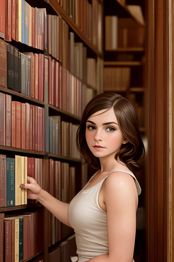 Emma Watson, (masterpiece quality, (masterpiece quality:1.3), realistic, (realistic:1.3), 1 girl, (1 girl:1.9), One, (One:1.9), in library, bookshelves in the background, wears a lawyer&#39;s suit, (black jacket:1.5), wear a white blouse, (wear a white blouse:1.5), wear a black skirt, (wear a black skirt:1.5), wear a collar necklace, To wear glasses, , (small breasts:1.5), thin body, 