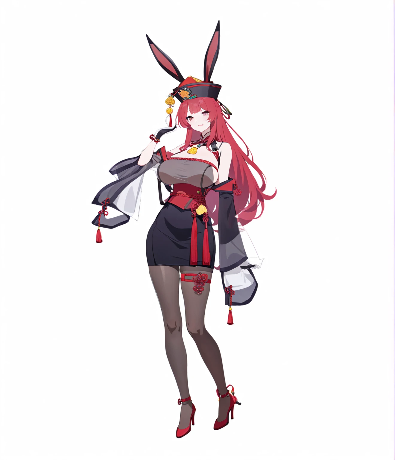 red long hair, Transparent stockings, Jiangxi hat with yellow amulet, bunny ears, wide sleeves, red waist strap, fashion harness, red high heels, big bust