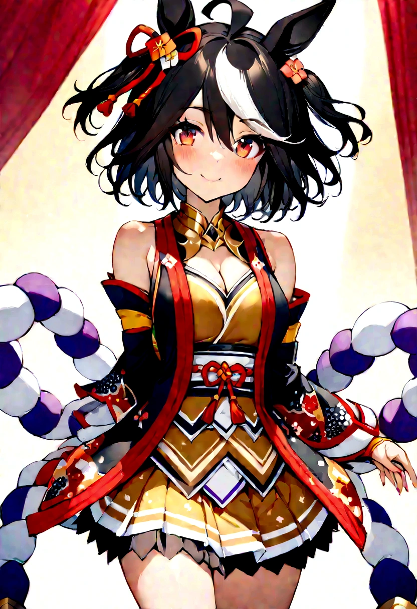 ((masterpiece,Highest quality)), Absurd, Kitasan_black_umamusume, Animal ears, short hair, Striped Hair, hair ornaments, Medium chest, Horse tail, Cleavage, Clothing cutouts, Removable sleeves, shimenawa, skirt, blackのニーソックス, alone, smile, View your viewers, Cowboy Shot,