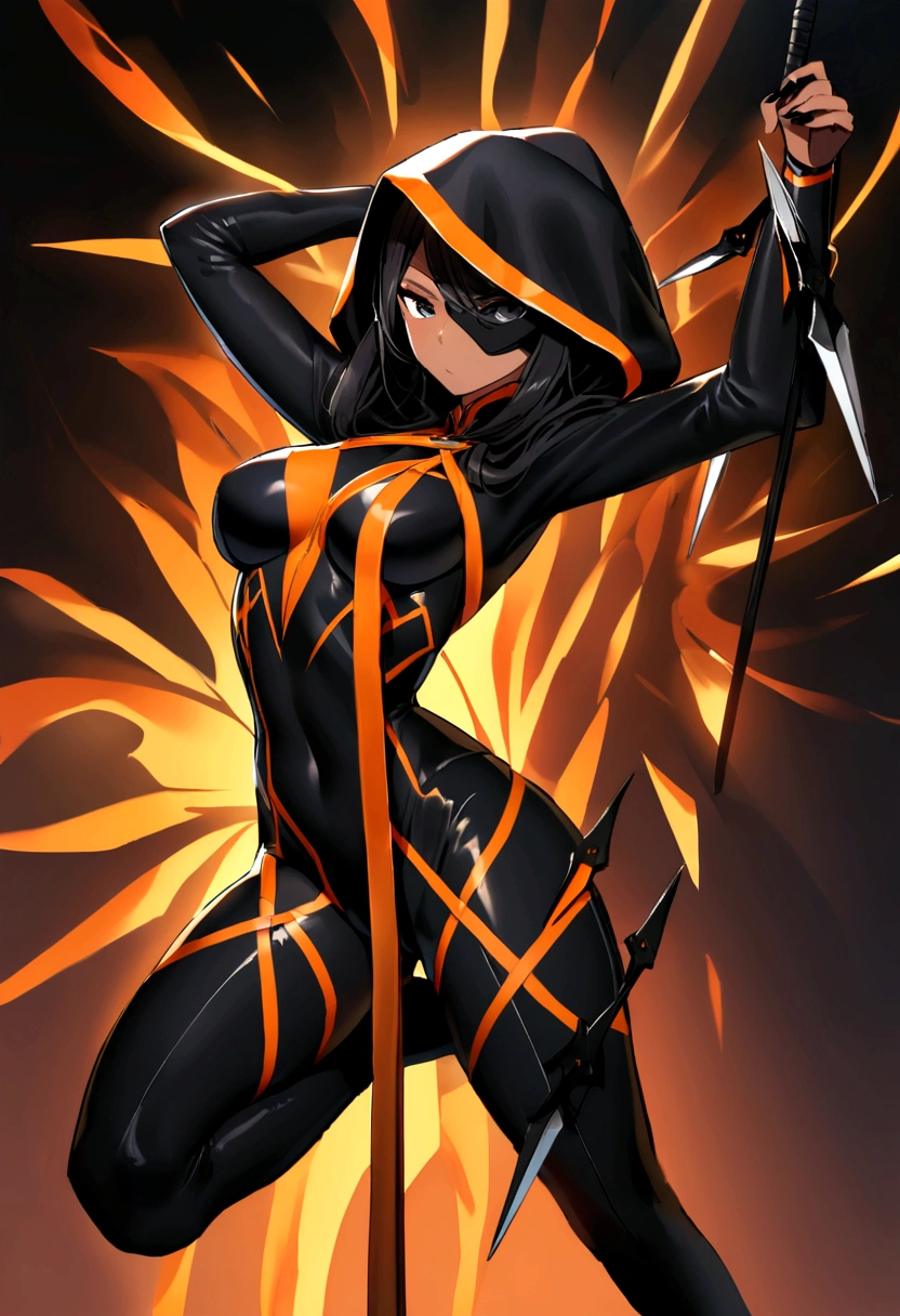 lean, agile female with long flowing black hair, dark tan skin, bright black eyes, aesthetic, and high cheekbones. She excels as a master of disguise, an exceptional acrobat, and an expert with throwing knives, with skills in stealth and silent movement. Her costume includes a black bodysuit with orange patterns mimicking flowing smoke, a sleek black mask covering the lower half of her face, a black hood with an orange lining, and a set of throwing knives and a collapsible staff in black and orange.