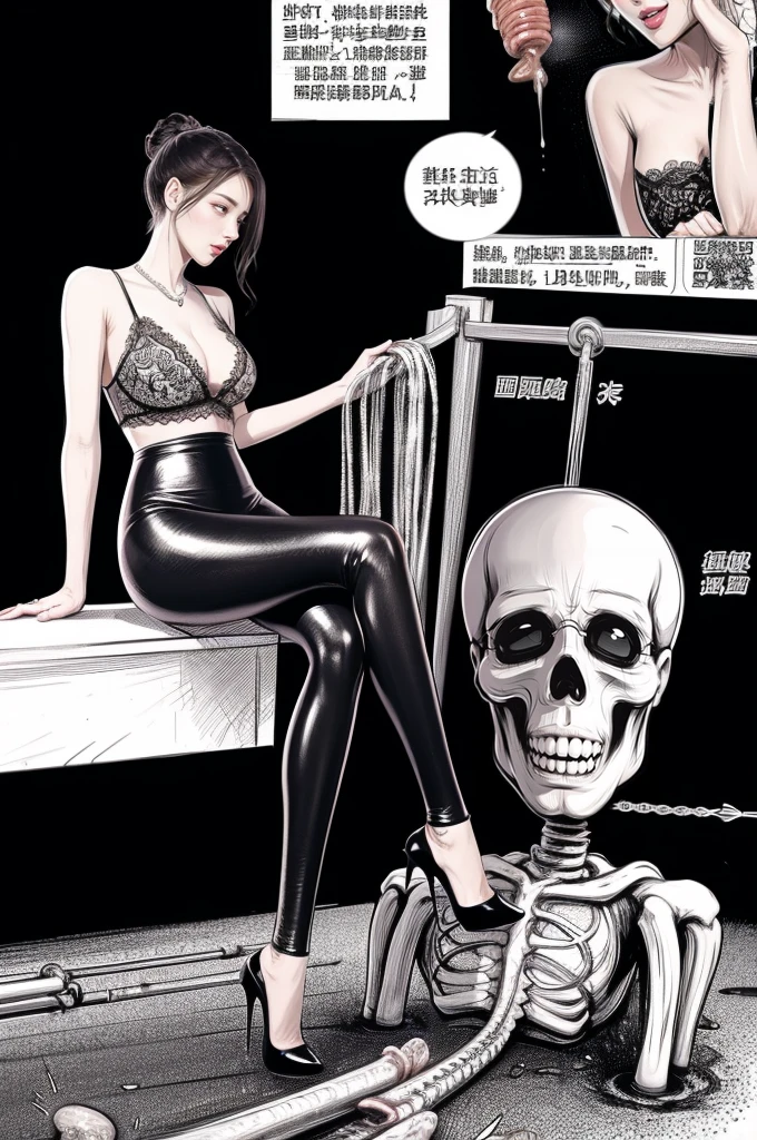 The beautiful girl in lace top and leggings is sitting astride a pile of skeletons in the center of the picture. She is holding a trembling sausage with juice squeezed out in her hand and smiling. There are multiple comic storyboards in the background，cbt, sausage bondage,sausage insertion,Sexy, trampling sausage with high heels heel,(masterpiece, best quality:1.2)，1 beautiful girl,sexy，comic storyboard:2, leggings, sit astride, axially symmetrical:2, ,femdom，sounding，cbt，hold，smile，colorful，leggings，thin gap，cameltoe，insertion，trembling，juice，spray， Long hair,Lace top,Sexy, Shiny leggings, High heel，cleveage, trampling, in forest, saliva , Mucus