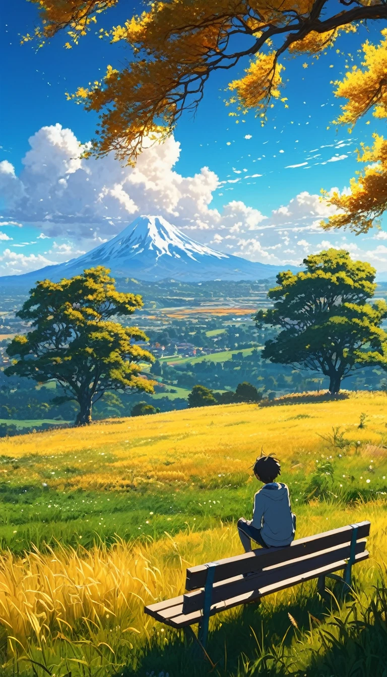 Creates an image of a serene, sunlit rural scene in a vibrant and detailed anime style. The scene is a boy sitting next to a tree in an autumn meadow, watching a vast golden yellow sky with bench spots, incredible sunset, tall grasses, makoto shinkai cyril rolando, 4k anime art wallpaper, small grass, shadows in the leaves of the trees and clouds, and. In the background you can see an infinite mountain range. The sky is a bright blue, dotted with fluffy white clouds. The overall atmosphere is calm and nostalgic, evoking a warm summer day.