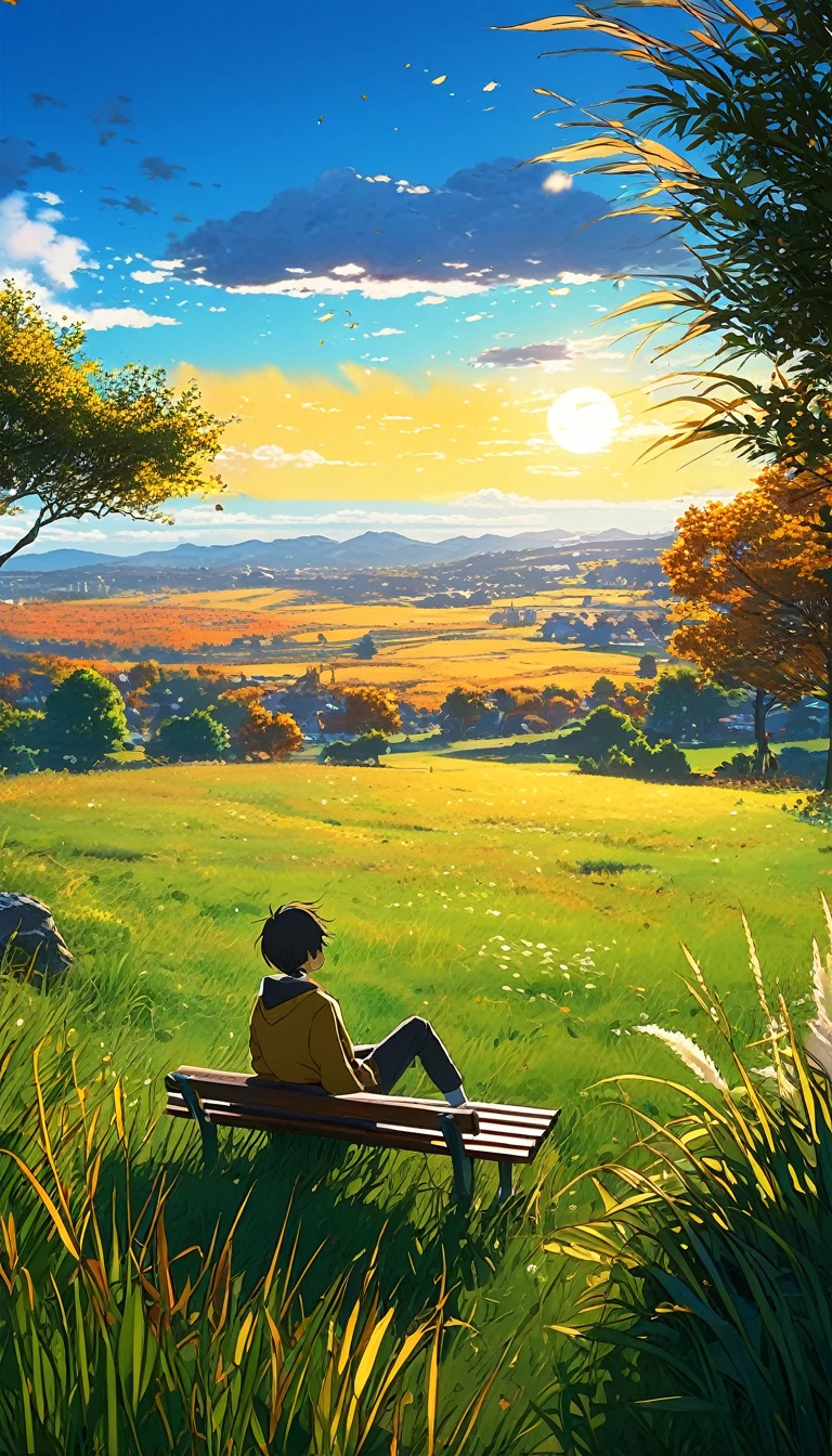 Creates an image of a serene, sunlit rural scene in a vibrant and detailed anime style. The scene is a boy sitting next to a tree in an autumn meadow, watching a vast golden yellow sky with bench spots, incredible sunset, tall grasses, makoto shinkai cyril rolando, 4k anime art wallpaper, small grass, shadows in the leaves of the trees and clouds, and. In the background you can see an infinite mountain range. The sky is a bright blue, dotted with fluffy white clouds. The overall atmosphere is calm and nostalgic, evoking a warm summer day.