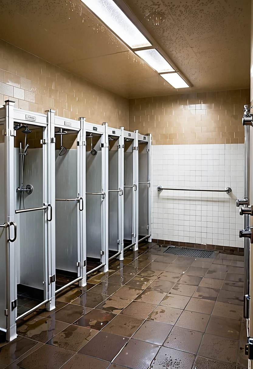 in the nearby shower stall, a naked woman stands under streams of water