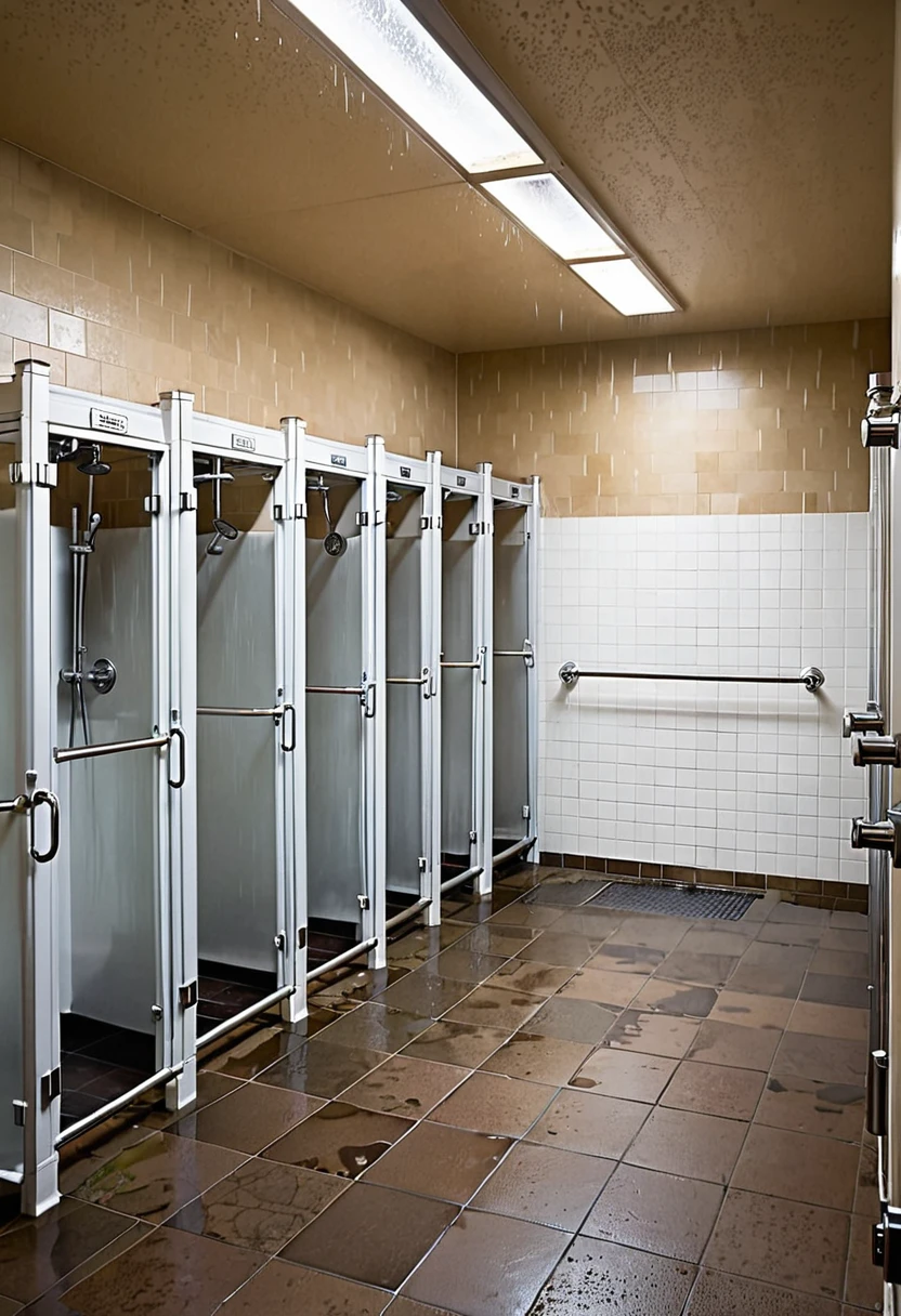 in the nearby shower stall, a naked woman stands under streams of water