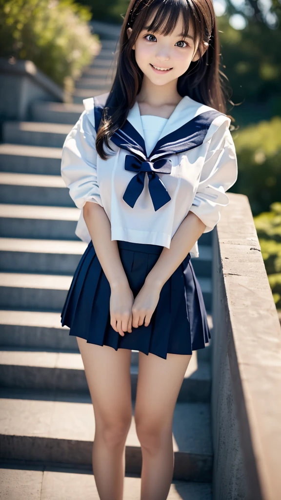 8k UHD、Digital single-lens reflex camera、High resolution、shallow depth of field、Natural light、(((sailor suit)))、(((Dark blue super mini skirt)))、(((full body shot)))、small person、(((young face)))、1 Japanese girl、; beautiful girl、(black hair)、(((brown eyes)))、Glossy skin、smooth thin hair、long hair、detailed background、highly detailed eyes and face、clear eyes、cute smile、Calm atmosphere、(((climb the stairs)))、(((detailed small breasts)))、(((beautiful eyes)))、petya pie、children `s、(((tight thighs)))、(((white panties)))、(((angle from below) ))、(((detailed lips)))、(((The skirt is fluttering)))、beautiful shining legs、((nsfw))