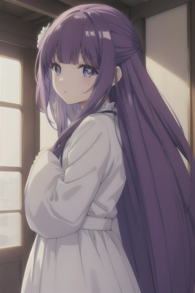 Is,One girl,alone,紫colorの髪,Long Hair,紫colorの目,Blunt bangs,Side Lock,Half Up,bright瞳,
hair ornaments,Ruffled collar,Black Robe,White Dress,Center frill,button,Wide sleeves,Long sleeve,Curvy,Cowboy Shot,茶colorのコート,From the side,笑face,, Amazing visuals, High resolution,masterpiece,Highest quality,, 20-year-old,young woman,beautiful指,beautiful長い脚,beautiful体,beautiful鼻,beautifulキャラクターデザイン, Perfect Eyes, perfect face,Expressive eyes,
View your viewers,
Official Art,非常に詳細な CG ユニティ 8K 壁紙, Perfect lighting,colorful, bright_front_face_Lighting,Shiny skin,
(masterpiece:1.0),(Highest_quality:1.0), 超High resolution,4K,Super detailed,
photograph, 8K, High resolution, High resolution, Absurd:1.2, 400 for Kodak Port, Film Grain, Blurred Background, Bokeh:1.2, Lens flare, (Vibrant_color:1.2), (beautiful_face:1.5),(narrow_Waist), ,Browsing Caution,