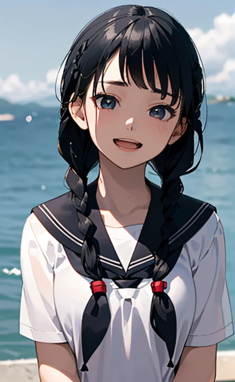 (Photorealistic:1.4)、(15-year-old:1.5),(masterpiece、spot light:1.2、Exquisite beautiful eye:1.5,portlate),(kind eyes、tareme:1.9),(Close-up of face:1.5,face focus:1.5)、(Cute Face、 3D Face)、(black hair:1.5)、(middle hair:1.5),(sidelock :1.5),(blunt bangs:1.3),(1 school girl)、(aqua eyes:1.2)、(upper body:1.5)、(Open mouth happy smile:1.5)),(half closed eyes)、(Hair blowing sideways in the wind:1.4),(twin braids:1.5)(head tilt) ,(),(flat ),(),(school sailor uniform:1.5),(Park with an ocean view background:1.5)、()、(serafuku)、Slim Body(),Shiny Hair、girl、zydG
