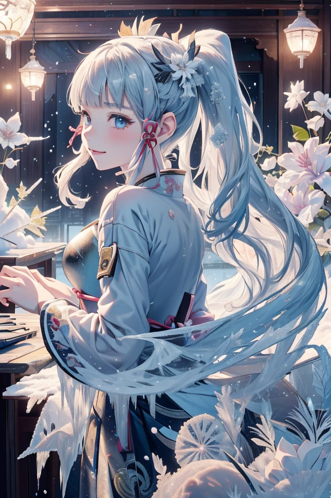 ((kamisatoayakadef)),1 Anime Girl, Warrior, Realistic people,Realistic, beautiful, smile, elegant, Majestic, Splash Art, Particles of light, Diamond Blade, Dynamic pose, ((fan、fanを持っている))((fanを広げる)),milky way, (Fractal Art:1.1),(Ice Flower:1.4), Most detailed,(抽象的なbackground:1.1), (Shiny skin), (Many colors:1.4), Ultra-high resolution,, masterpiece, Accurate, Anatomically correct, texture.(background:snow、snowの街、snowの結晶、Wind、旋Wind)