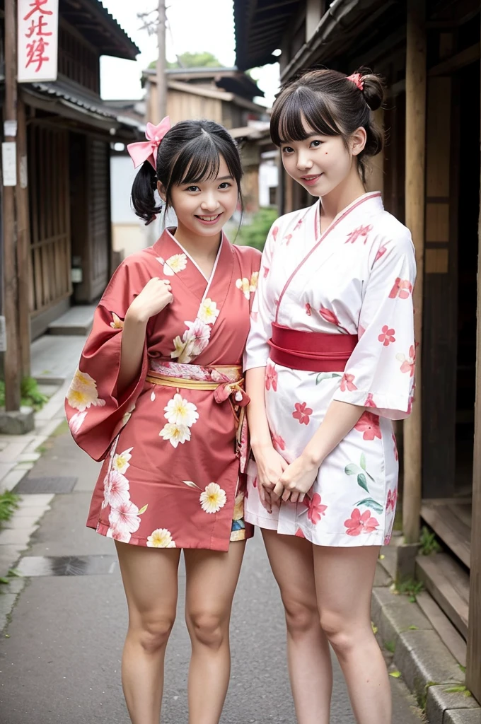 2 girls standing in old-Japanese street,floral pink yukata with red obi,18-year-old,bangs,a little smile,thighs,knees,short hair and low pigtails with red ribbon bow,from before,front light