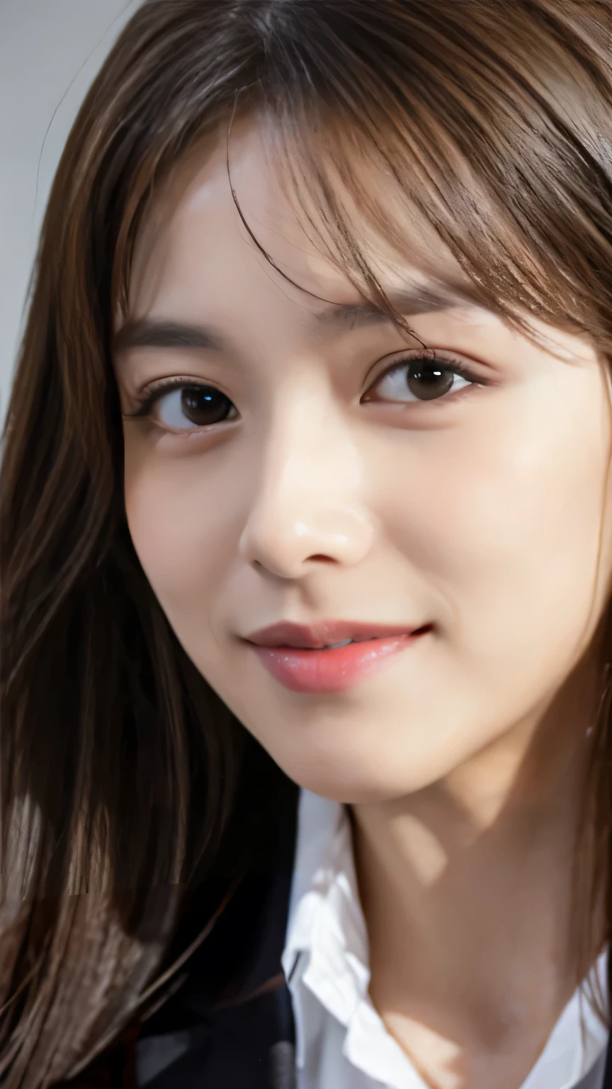 Tabletop, Highest quality, Realistic, Very detailed, finely, High resolution, 8k wallpaper, One beautiful woman, Australian/Japanese mix, Light brown super long hair, Wearing a business suit, Sharp focus, Perfect dynamic composition, Beautiful and detailed, Long eyelashes、Big eyes、Heavy makeup、Detailed Realistic skin texture, smile, Close-up portrait, Model Body Type