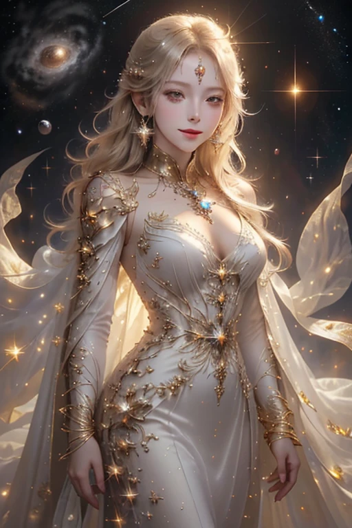 (masterpiece、Highest quality、High resolution、8K、16K)、((Alone in space、Beautiful Goddess、Standing posture、フローティング in the sky like a star))、((whole body))、Sunshine on my back、The light is dazzlingly reflected、Golden Cape、White long dress、No sleeve、Adorned with vibrant jewels、Gold Bracelet、Blonde middle、Beautiful brown eyes、A kind smile、Mouth closed、Elegant and detailed face、Graceful operation、Professional Lighting、The universe is full of light、Countless stars and nebulae、