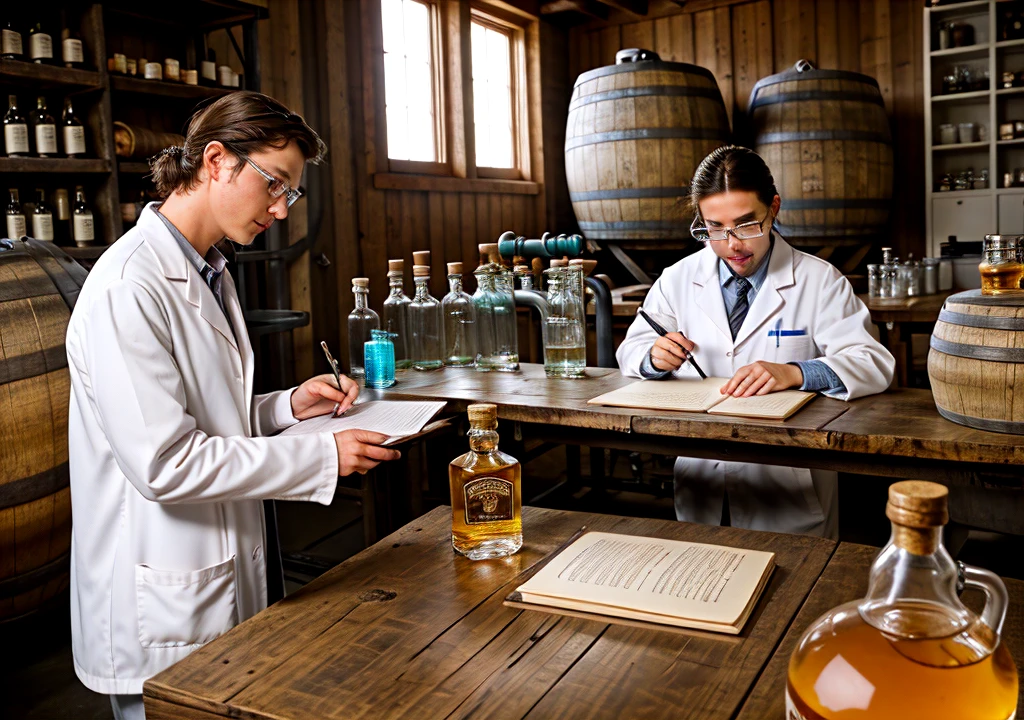Create a captivating thumbnail. The design should feature an aisle of bourbon barrels on the sides of the image, with science instruments lying on a table setup in the middle. Two male scientists depicted behind a table in the lab, one sipping burbon and the other taking notes on a clipboard. The scene should convey a blend of rustic distillery charm and scientific exploration. No text needed.