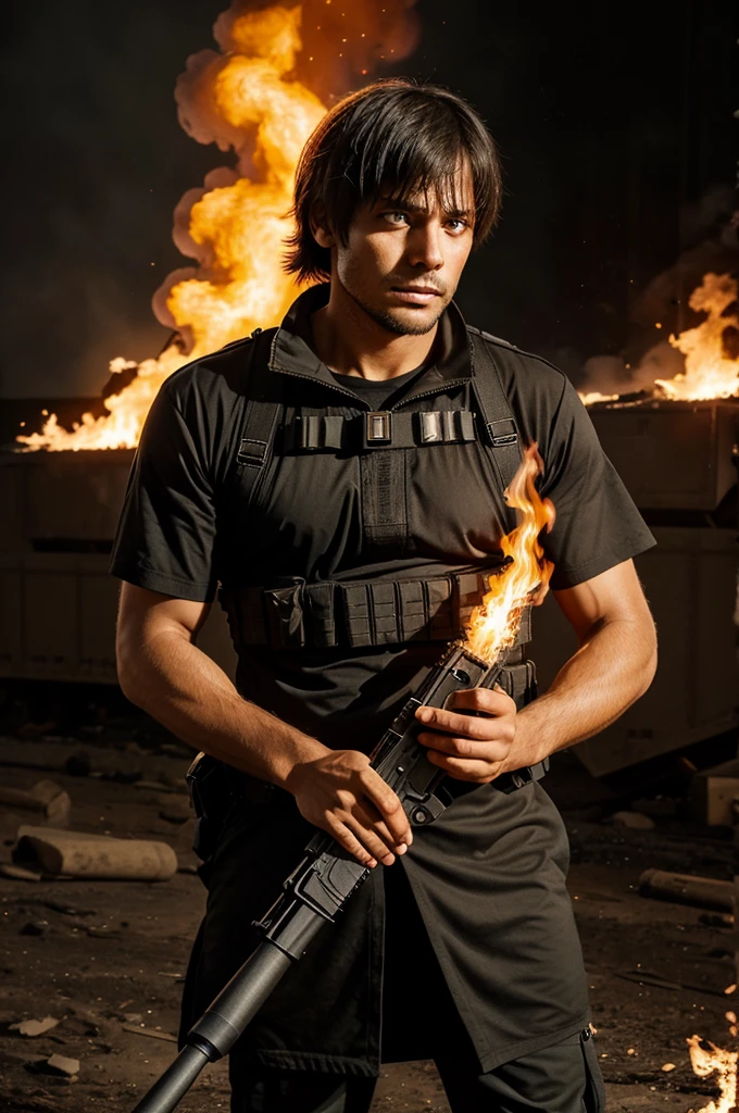 Give me a person standing with a M416 gun in his hand , dangerous dress with fire coming up with his eyes