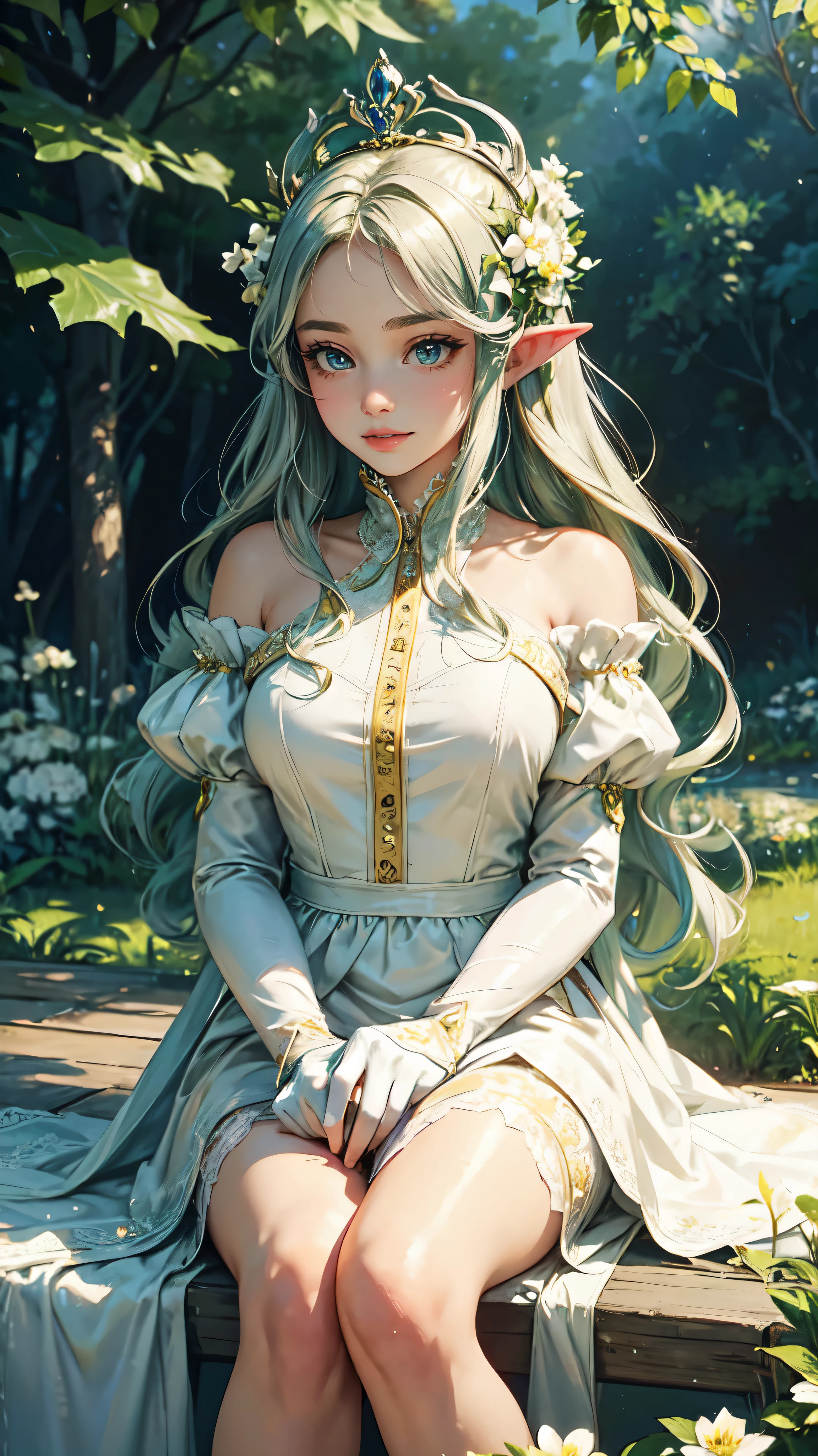 Adult girl standing and looking at the camera, pixie, elf ears, Beautiful elven ears, The girl is dressed in a Gothic dress, Long Dress, floor-length dress, pony tail, High-quality beautiful eyes, beatiful face, High Quality Face, dark sky, Thin, Wet waist, Slender figure, Appearance of the model, confusion, sexuality, Cute beautiful anime woman, detailed digital anime art, beautiful anime girl, beautiful anime girl, Anime with small details, Best Quality, Masterpiece, Ultra-detailed, Beautiful, hight resolution, Original,CG 8K ультрареалистичный, perfect artwork, beatiful face, Face Clean, Skin, hyper realistic, Ultra Detailed, A detailed eye, dramatic lighting, (Realistic) Realistic, Full HD, Best Quality, Best Quality, Beautiful lighting, (8k wallpaper of extremely detailed CG unit), High Details, sharp-focus, The art of dramatic and photorealistic painting, beautiful smile,