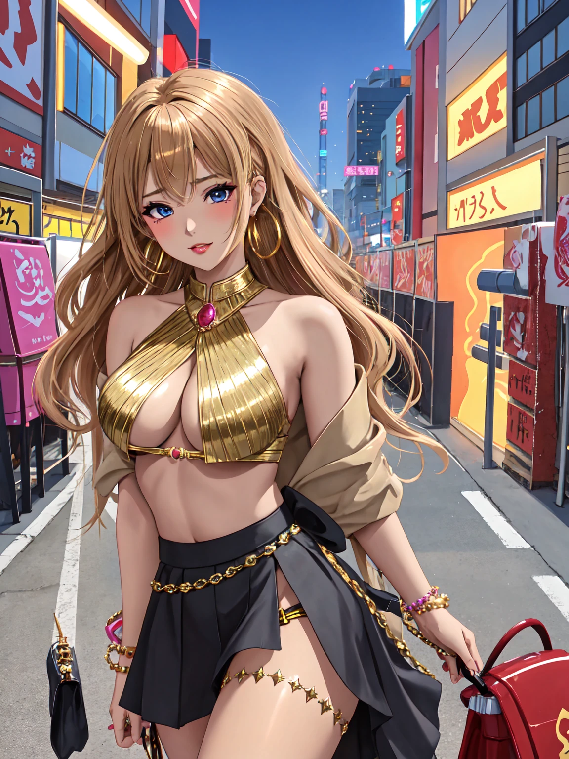 Extreme close-up glamour shot of a gyaru girl from early 2024s Japanese gyaru magazine AGEHA, at night under neon city lights - her face illuminated with a vibrant colorful glow, long blonde hair with brown streaks styled in excessive volume and flips, dramatic heavy makeup with thick winged eyeliner and glossy iridescent lips, dark sculpted eyebrows, deeply tanned glowing bronzed skin, wearing a tiny cropped iridescent holographic halter top exposing underboob and toned midriff, extremely low-rise vinyl micro-mini skirt riding low on her hips showing glimpses of jeweled thong straps, large hoop earrings, arms adorned with stacks of chunky bangles and bracelets in view, slightly out of focus graffiti-covered alleyway in background, posing with a sultry expression and clutching a bedazzled yoshikon bag in foreground