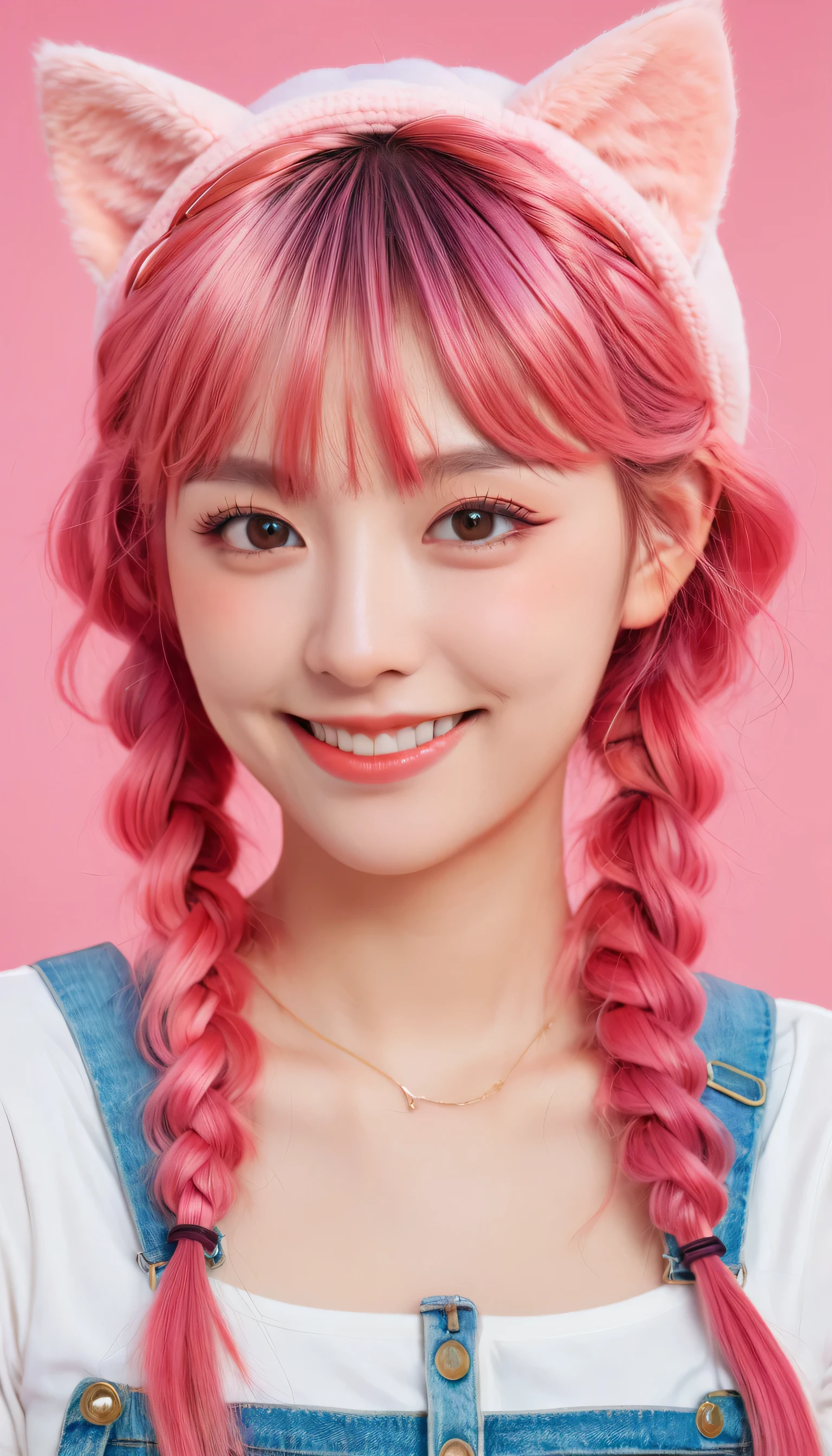 fake animal ears, light smile, ear blush, fang, pink hair, bangs, curly hair, side braid, halo, beret, animal ears, cat ears, Surrealism, drop shadow, anaglyph, stereogram, tachi-e, pov, atmospheric perspective, 8k, super detail, ccurate, best quality