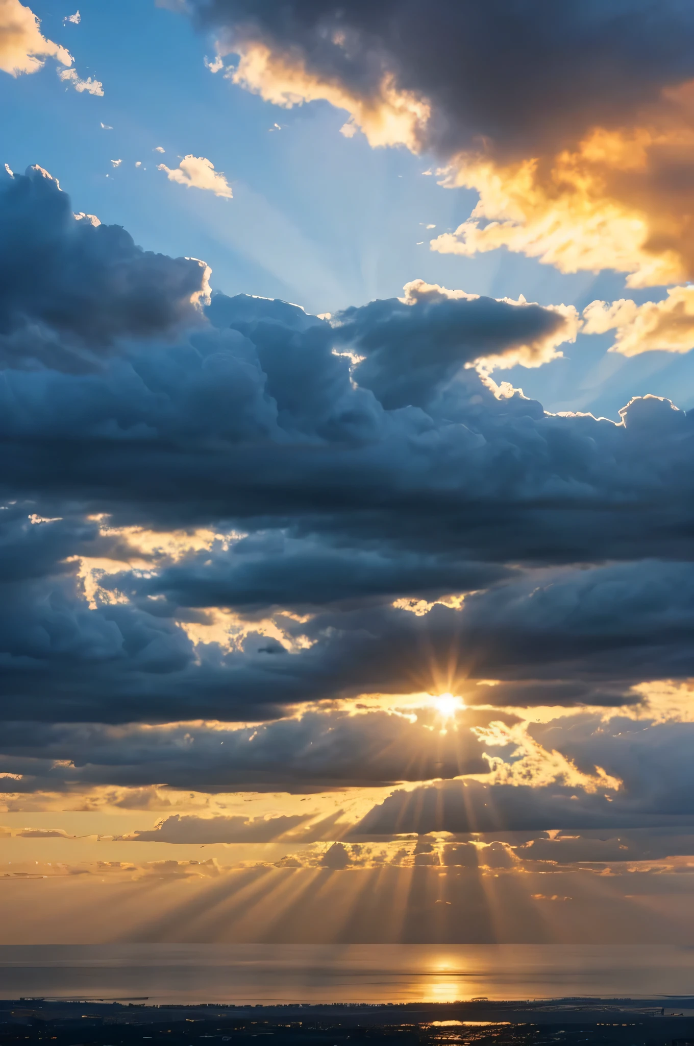 sky in gradient from dark to light blue, (sun above shining), (black and threatening clouds below), (realistic), (digital painting), (high resolution), (ultra-detailed), (masterpiece quality),