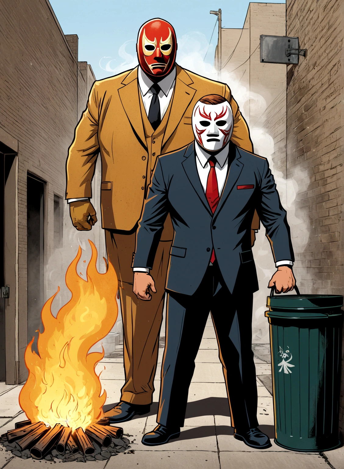 Minimalistic comic artwork of a large man in a business suit, wearing a wrestling mask, standing by a hobo trashcan fire in an alley, crosshatching, 2D, Sharp, Detailed, HD, HDR, High Quality, High Resolution, Masterpiece, single panel