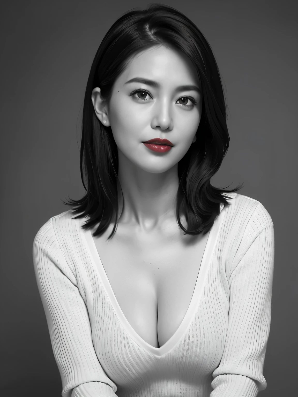 Tabletop, Highest quality, Realistic, Very detailed, finely, High resolution, 8k wallpaper, RAW Photos, Professional, High level of detail, 1 Girl, ((((Black and white photography)))), (((Red lips))), ((Looking into the camera)), (((Look forward))), Upper Body, Bob Hair, (Straight hair), Shapely breasts, Cleavage, V-neck light knit sweater