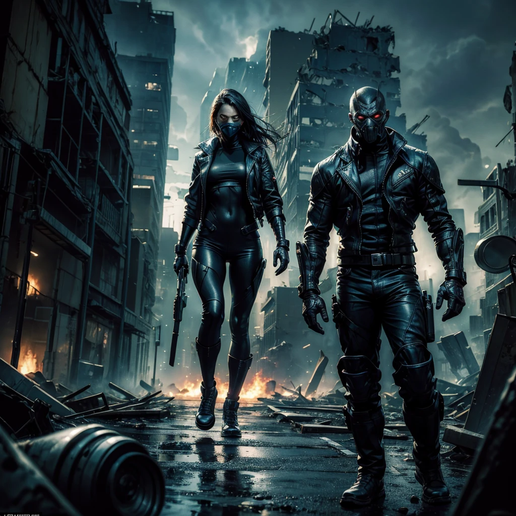 A dark female vampire policewoman who arrests an undead thief in a street of a semi-destroyed city, we can glimpse some rubble with some skulls and pieces of buses