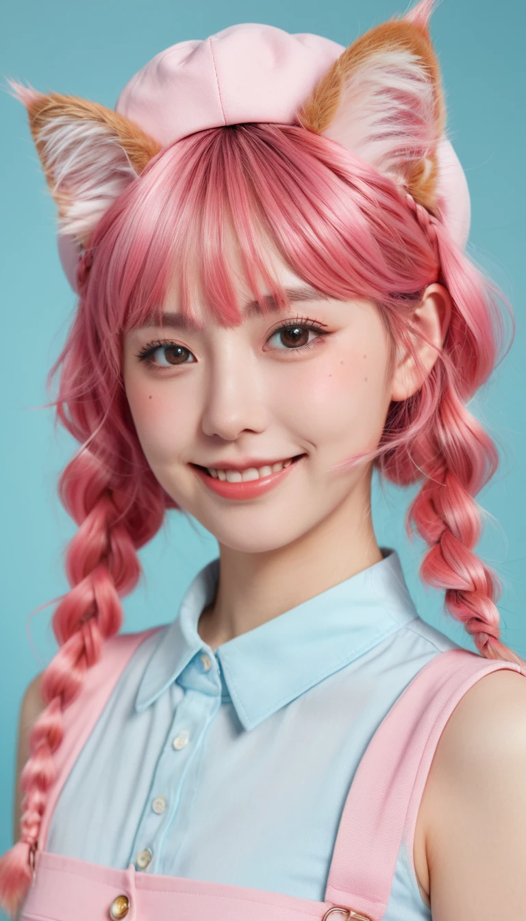 fake animal ears, light smile, ear blush, fang, pink hair, bangs, curly hair, side braid, halo, beret, animal ears, cat ears, Surrealism, drop shadow, anaglyph, stereogram, tachi-e, pov, atmospheric perspective, 8k, super detail, ccurate, best quality