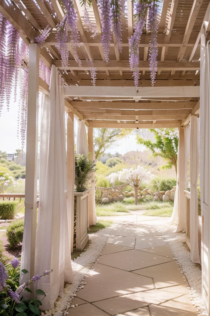 Pastel Wisteria Wonderland: "A whimsical studio photography backdrop featuring a whimsical arbor overflowing with cascading wisteria vines. The wisteria blooms are a soft mix of lavender, pink, and white, creating a romantic and ethereal atmosphere. Sunlight peeks through the woven branches of the arbor, casting delicate patterns on the backdrop. A bed of white pebbles covers the studio floor, adding a touch of texture and reflecting the soft pastel colors."
