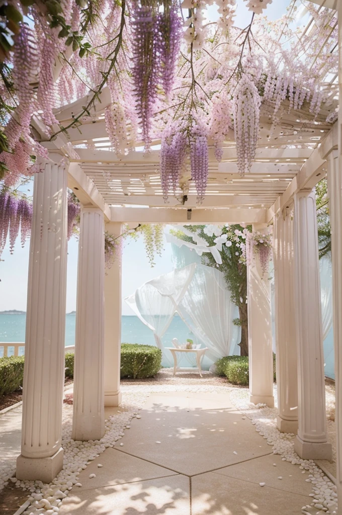 Pastel Wisteria Wonderland: "A whimsical studio photography backdrop featuring a whimsical arbor overflowing with cascading wisteria vines. The wisteria blooms are a soft mix of lavender, pink, and white, creating a romantic and ethereal atmosphere. Sunlight peeks through the woven branches of the arbor, casting delicate patterns on the backdrop. A bed of white pebbles covers the studio floor, adding a touch of texture and reflecting the soft pastel colors."