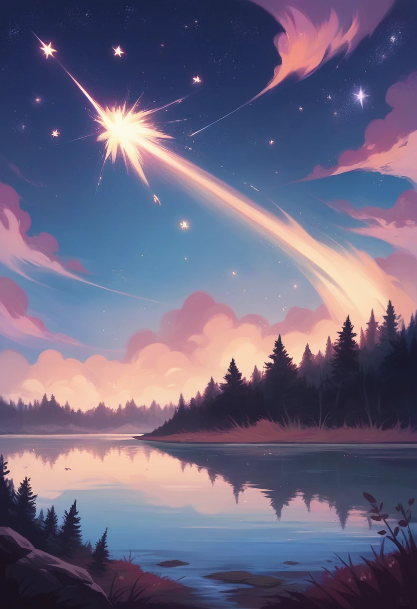 A giant night lake scenery, shooting stars in the sky, a massive falling star hitting the lake in the middle, realistic