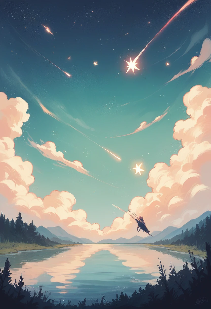 A giant night lake scenery, shooting stars in the sky, a massive falling star hitting the lake in the middle, realistic