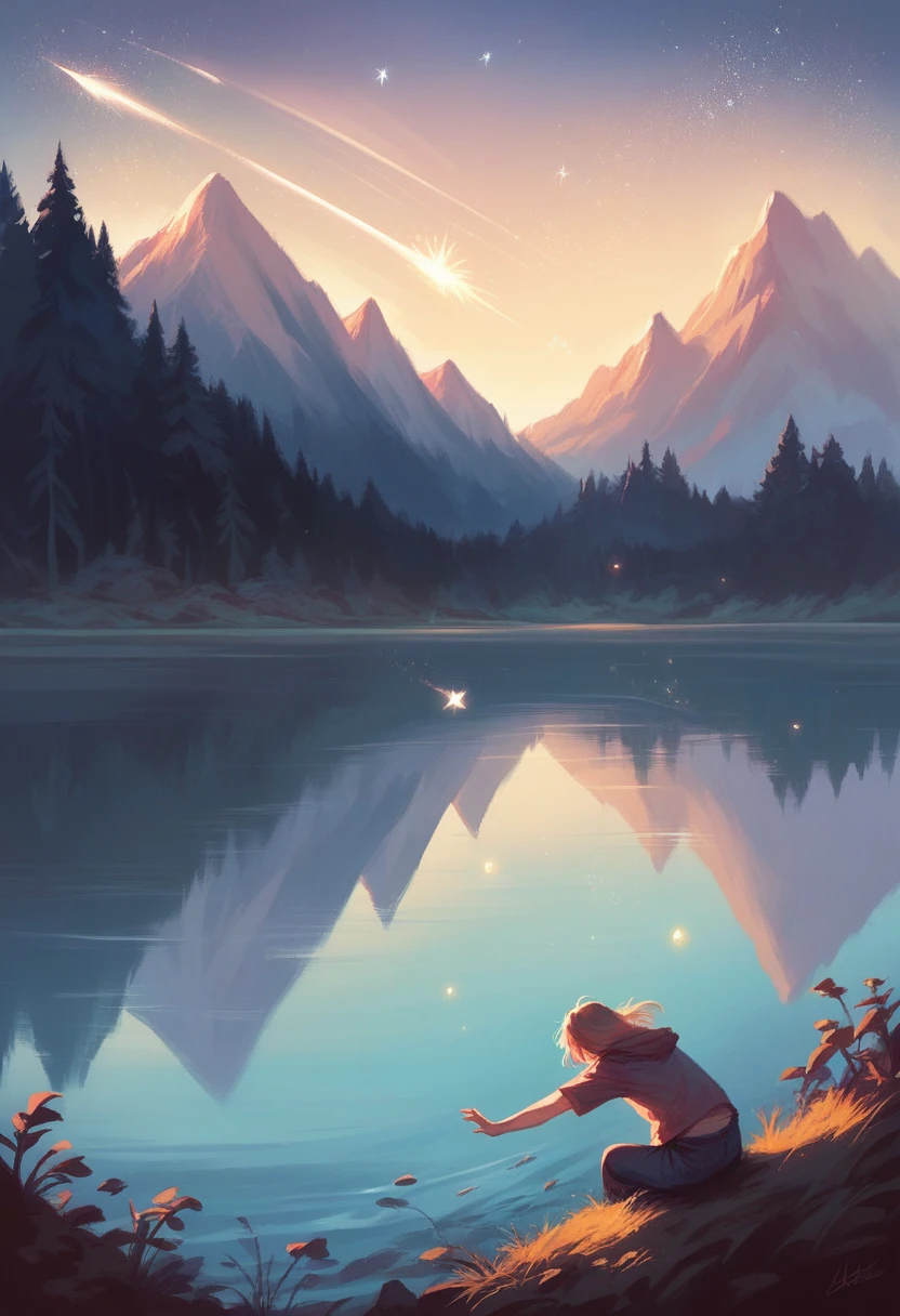 A giant night lake scenery, shooting stars in the sky, a massive falling star hitting the lake in the middle, realistic