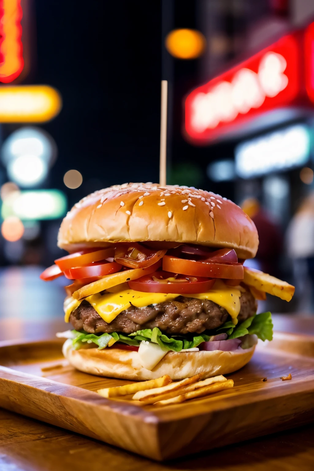 Hamburger with 2 meats and bacon tomato onion Lettuce avocado American cheese served on a square wooden plate with french fries and in the blurred background a city with tall futuristic buildings and neon lights