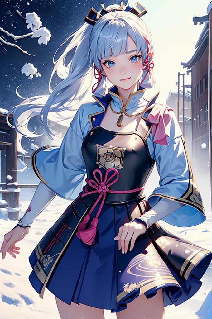 ((kamisatoayakadef)),1 Anime Girl, Warrior, Realistic people,Realistic, beautiful, smile, elegant, Majestic, Splash Art, Particles of light, Diamond Blade, Dynamic pose, ((fan、fanを持っている))((fanを広げる)),milky way, (Fractal Art:1.1),(Ice Flower:1.4), Most detailed,(抽象的なbackground:1.1), (Shiny skin), (Many colors:1.4), Ultra-high resolution,, masterpiece, Accurate, Anatomically correct, texture.(background:snow、snowの街、snowの結晶、Wind、旋Wind)