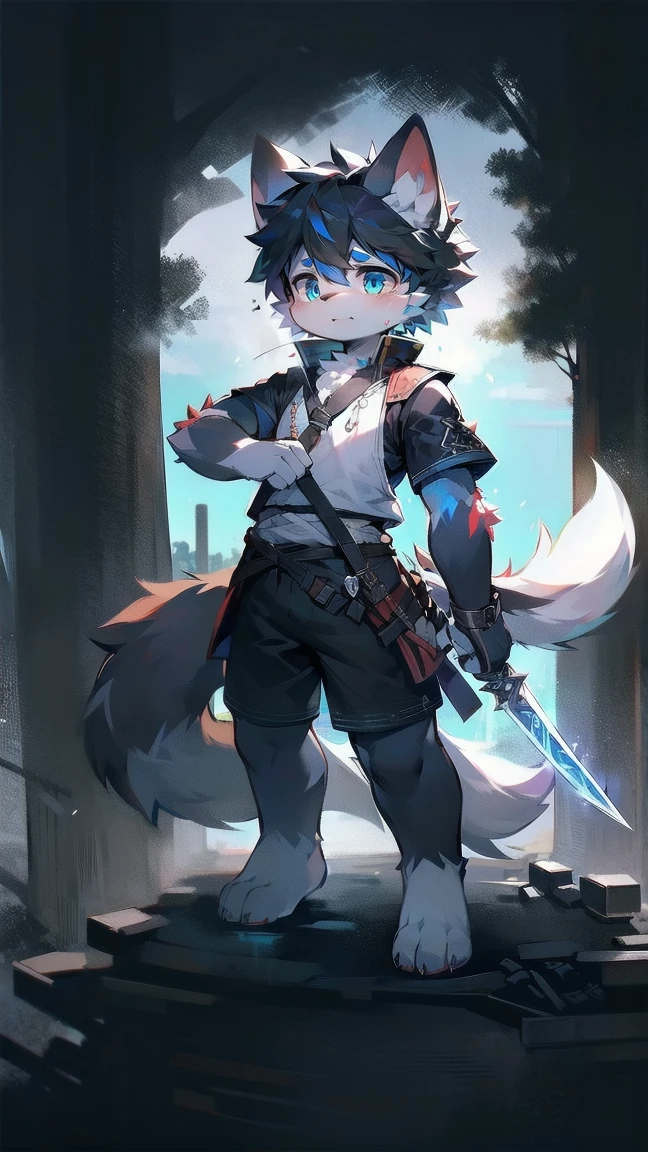 White Wolf,black hair,Sky blue eyes,hairy,Wolf ears,Wolf tail,Full body portrait,The character is in the center of the frame,Handsome,Confident eyes,male,juvenile,Black and white combat uniform,Red neck bib,Black shorts,Short sleeve,hairy arms and legs,Dark background,Dark battlefield,dawn,sunrise,dawn,illumination,shadow,Swordsman,Scabbard and sword,Hold the hilt of a sword in your hand,The scabbard is at the waist,Highest quality