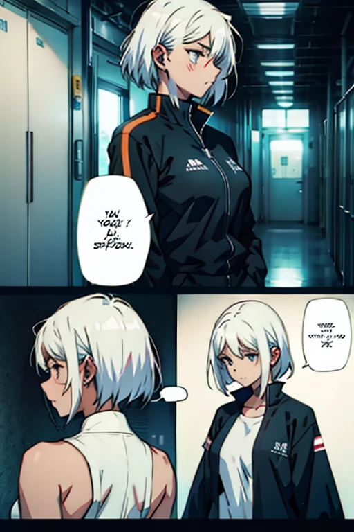 Girl with short white hair small and really skinny, taking pills, manga page with panels and dialogue    