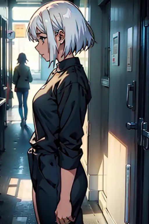 Girl with short white hair small and really skinny, taking pills, manga page with panels and dialogue