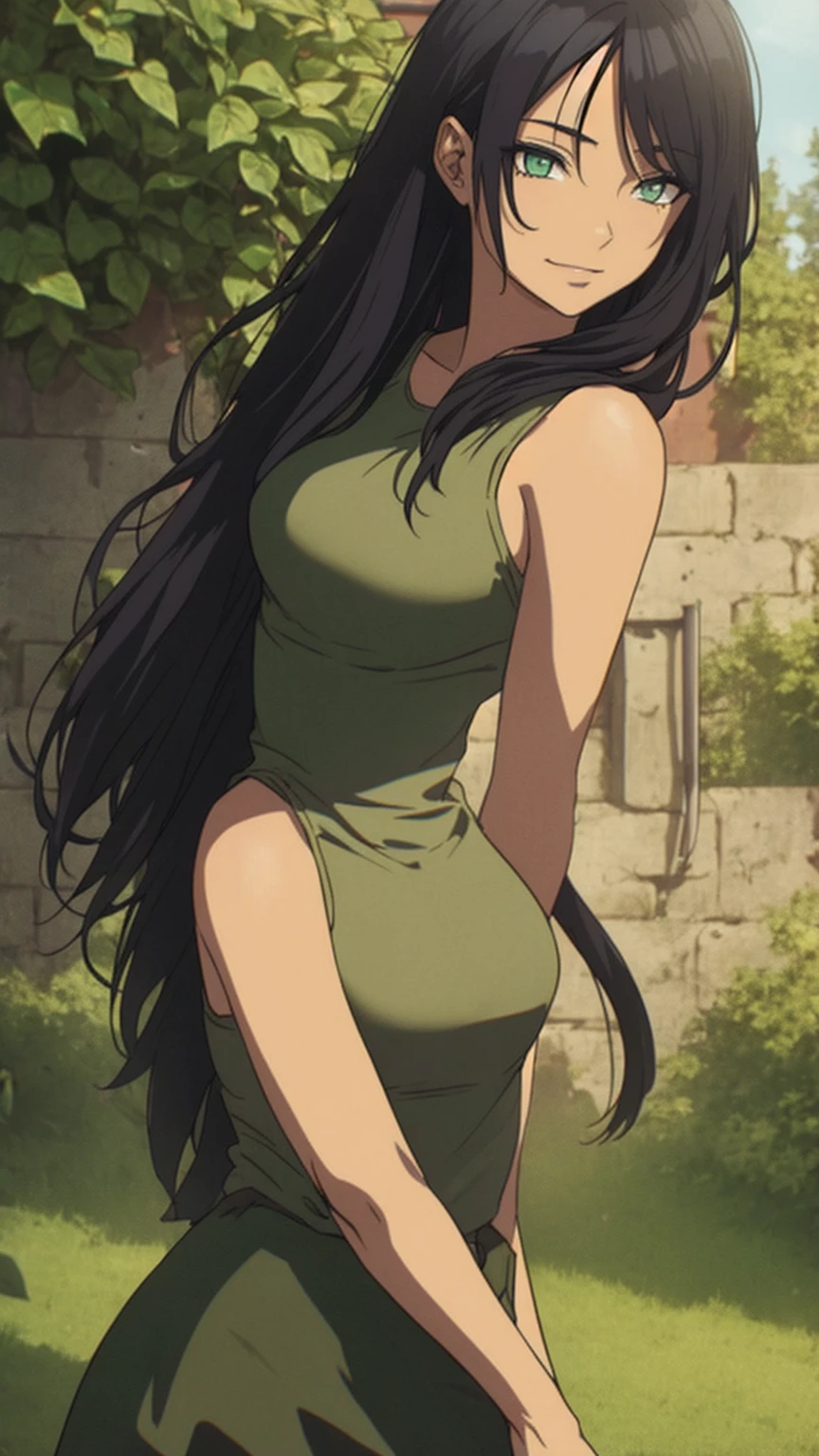 Anime girl with long straight black hair, wearing a tight green tank top, standing in a sunlit outdoor setting with green leaves and a brick wall background, realistic shading, expressive eyes, slightly smiling, highly detailed, ultra-realistic.Highly detailed anime girl with long straight black hair, wearing a tight green tank top, standing in a sunlit outdoor setting with green leaves and a brick wall background, realistic shading, expressive eyes, slightly smiling, highly detailed, ultra-realistic.