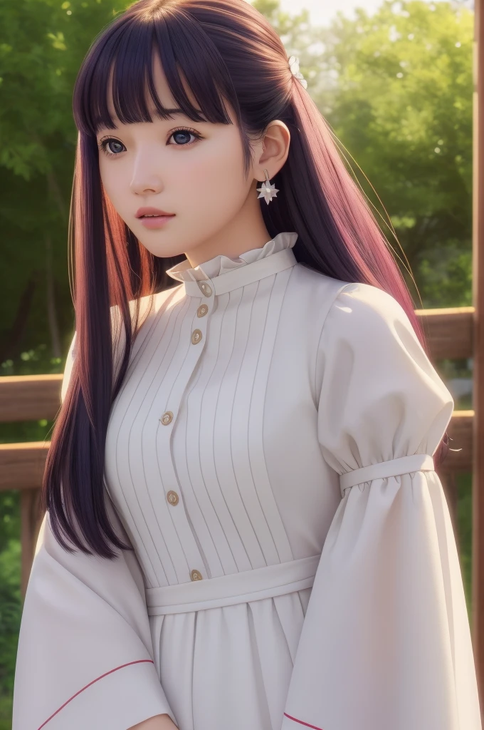 is,One girl,alone,紫Farbeの髪,Long Hair,紫Farbeの目,Blunt bangs,Side Lock,Half Up,Bright Eyes,
hair ornaments,Ruffled collar,Black Robe,White Dress,Center frill,button,Wide sleeves,Long sleeve,Curvy,Cowboy Shot,茶Farbeのコート,From the side,笑face,, Amazing visuals, High resolution,masterpiece,Highest quality,, 20-year-old,young woman,Beautiful refers to,Beautiful long legs,Beautiful body,Beautiful nose,Beautiful character design, Perfect Eyes, perfect face,Expressive eyes,
View your viewers,
Official Art,Highly detailed CG Unity 8k wallpaper, Perfect lighting,Farbeful, bright_front_face_Lighting,Shiny skin,
(masterpiece:1.0),(Highest_quality:1.0), 超High resolution,4K,Super detailed,
photograph, 8K, High resolution, High resolution, absurdes:1.2, 400 for Kodak Port, Film Grain, Blurred Background, bokeh:1.2, Lens flare, (Vibrant_Farbe:1.2), (beautiful_face:1.5),(narrow_Waist), ,Browsing Caution,