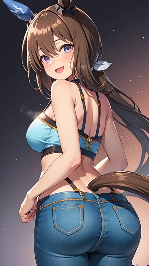 NSFW,{{{masterpiece:1.2}}},{{{best-quality:1.2}}},{{{ultra-quality:1.2}}},{{ultra-detailed:1.2}},{{{ultra-highres:1.2}}},{{{ultra-high-resolution:1.2}}},{{{extremely-detailed-CG-unity-8k-wallpaper}}},Admire Vega\(umamusume\),{1 girl,beautiful girl,18 yo,cute,smile,kawaii,lovely,blushing,playful expression,embrrased,orgasm,sexy},(she is looking back),(wear thight Jeggings),(show butt crack),oily skin,beautiful detailed hair,glossy hair,perfect two legs,five fingers,perfect 2 arms,(large breaths),(big hips),beautiful detailed eyes,jewel like eyes,blue eyes,open mouth,armpits,beautiful navel,collarbone,earring
