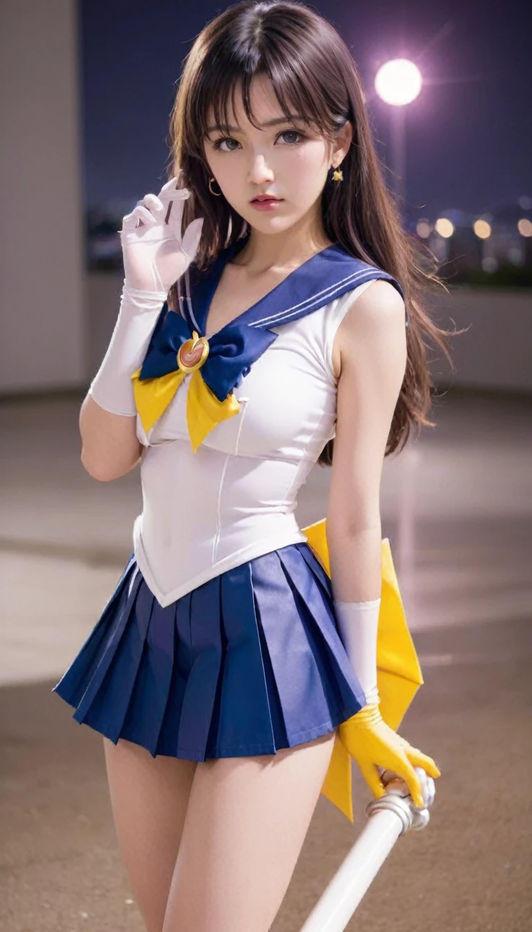 (best quality, high quality),1girl, sailor senshi unifoem, {{gloves, boots}}, bow, brooch,pleated miniskirt, magical girl, earrings, long hair, nsfw, latex, large_breasts, korean idol, holding wand, wand, wand effect,agic effect, standing, crossed legs,