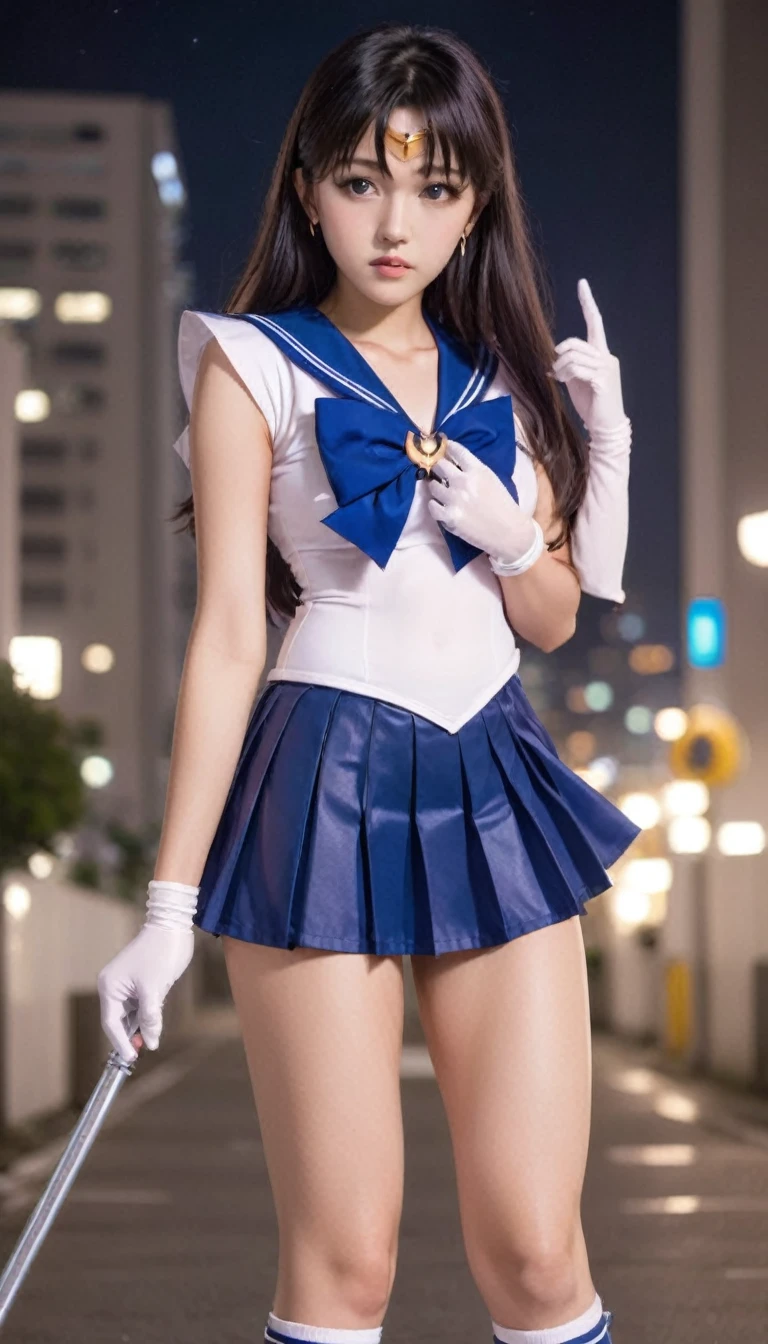 (best quality, high quality),1girl, sailor senshi unifoem, {{gloves, boots}}, bow, brooch,pleated , magical girl, earrings, long hair, , , large_breasts, korean idol, holding wand, wand, wand effect,agic effect, standing, crossed legs,