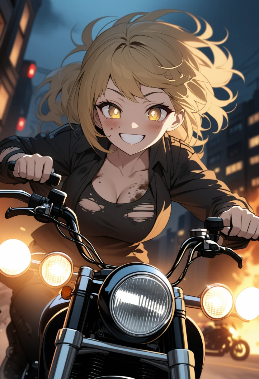 Golden hair, golden eyes with black pupils, woman, cruiser motorcycle, big chest, motorcycle goggles, happy, big smile, dirty, burning city at night, zombie apocalypse, tattered black streetwear, speeding, highly detailed, perfect eyes, perfect hands