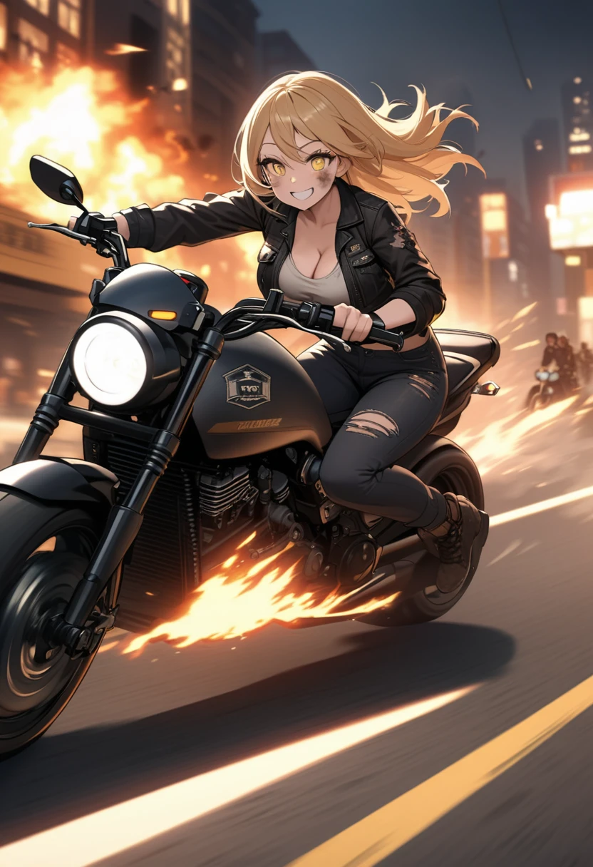 Golden hair, golden eyes with black pupils, woman, cruiser motorcycle, big chest, motorcycle goggles, happy, big smile, dirty, burning city at night, zombie apocalypse, tattered black streetwear, speeding, highly detailed, perfect eyes, perfect hands