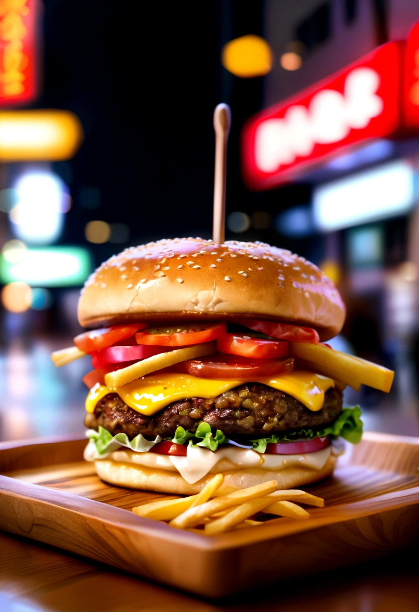 Hamburger with 2 meats and bacon tomato onion Lettuce avocado American cheese served on a square wooden plate with french fries and in the blurred background a city with tall futuristic buildings and neon lights 