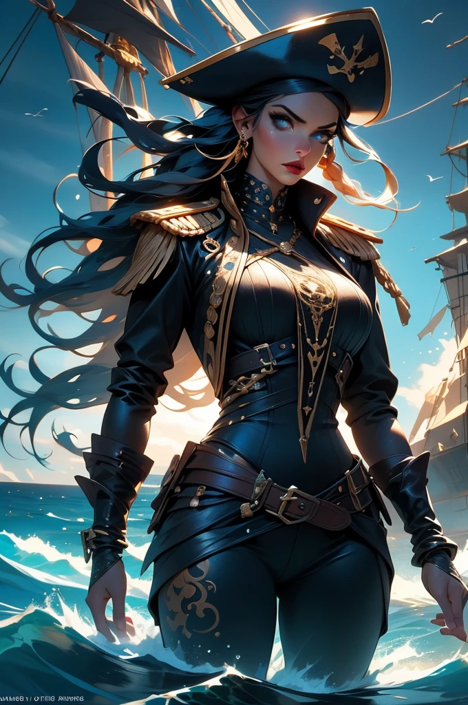 A beautiful and fierce pirate queen, long dark hair, intense eyes, full red lips, wearing an ornate pirate captain's uniform, standing on the deck of her ship, ocean backdrop, dramatic lighting, cinematic composition, highly detailed, photorealistic, intricate details, stunning colors, dramatic shadows, moody atmosphere, (best quality,8k,highres,masterpiece:1.2),ultra-detailed,(realistic,photorealistic,photo-realistic:1.37),cinematic lighting,dynamic pose,dramatic expression,elaborate costume design,detailed ship in background,stormy ocean waves