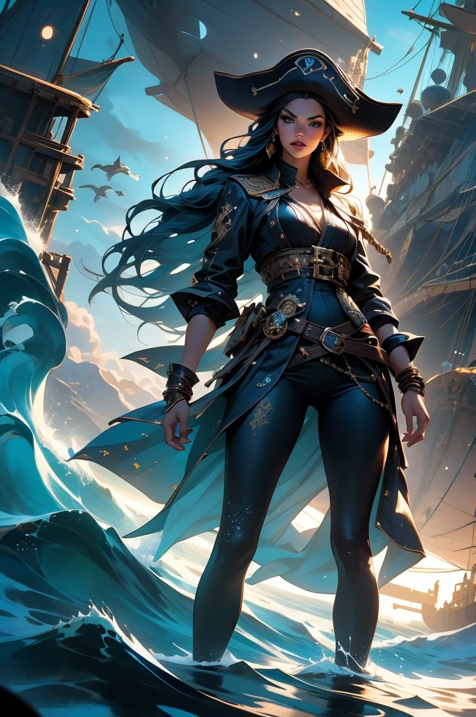 A beautiful and fierce pirate queen, long dark hair, intense eyes, full red lips, wearing an ornate pirate captain's uniform, standing on the deck of her ship, ocean backdrop, dramatic lighting, cinematic composition, highly detailed, photorealistic, intricate details, stunning colors, dramatic shadows, moody atmosphere, (best quality,8k,highres,masterpiece:1.2),ultra-detailed,(realistic,photorealistic,photo-realistic:1.37),cinematic lighting,dynamic pose,dramatic expression,elaborate costume design,detailed ship in background,stormy ocean waves