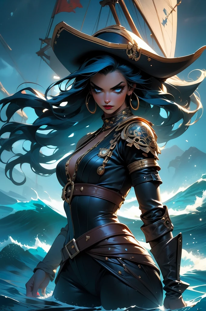 A beautiful and fierce pirate queen, long dark hair, intense eyes, full red lips, wearing an ornate pirate captain's uniform, standing on the deck of her ship, ocean backdrop, dramatic lighting, cinematic composition, highly detailed, photorealistic, intricate details, stunning colors, dramatic shadows, moody atmosphere, (best quality,8k,highres,masterpiece:1.2),ultra-detailed,(realistic,photorealistic,photo-realistic:1.37),cinematic lighting,dynamic pose,dramatic expression,elaborate costume design,detailed ship in background,stormy ocean waves