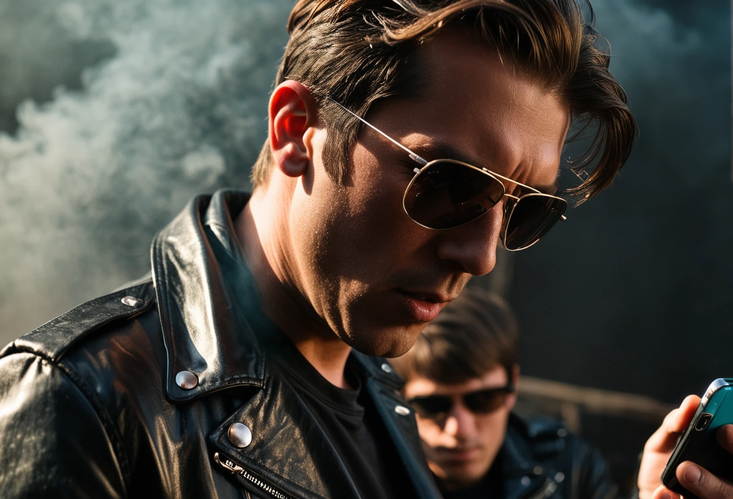 The image features a close-up of a man wearing sunglasses and a leather jacket. The man is looking down at something, possibly a phone or a piece of equipment. The sunglasses are dark and the man's face is partially obscured by them. The background of the image is dark and smoky, which adds to the overall mood of the scene. The man's attire, including the leather jacket, suggests that he might be in a professional or high-stakes environment. 1boy, male focus, solo, sunglasses, jacket, leather jacket