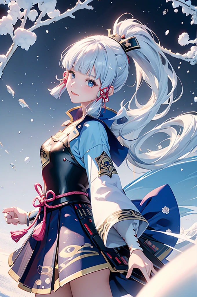 ((kamisatoayakadef)),1 Anime Girl, Warrior, Realistic people,Realistic, beautiful, smile, elegant, Majestic, Splash Art, Particles of light, Diamond Blade, Dynamic pose, ((fan、fanを持っている))((fanを広げる)),milky way, (Fractal Art:1.1),(Ice Flower:1.4), Most detailed,(抽象的なbackground:1.1), (Shiny skin), (Many colors:1.4), Ultra-high resolution,, masterpiece, Accurate, Anatomically correct, texture.(background:snow、snowの街、snowの結晶、Wind、旋Wind)